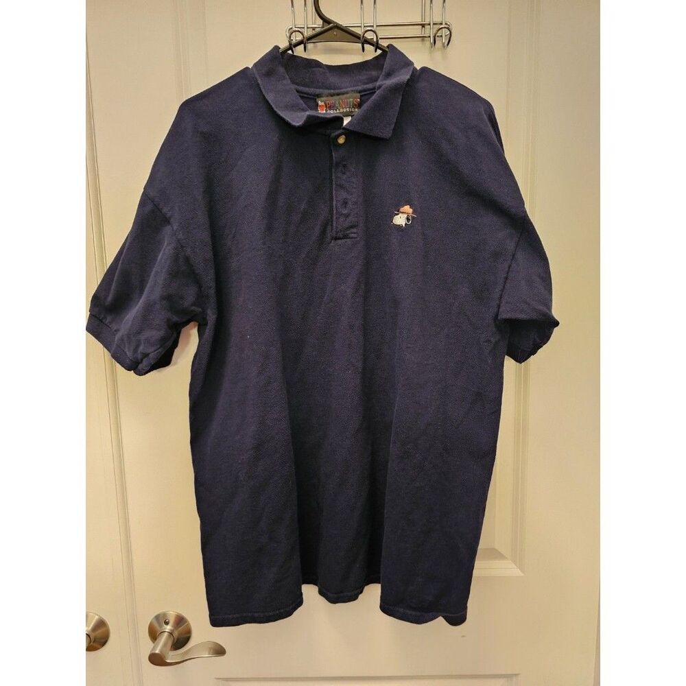 VTG Men's Snoopy Peanuts Collection Polo Button Collared Navy Blue 100% Cotton L